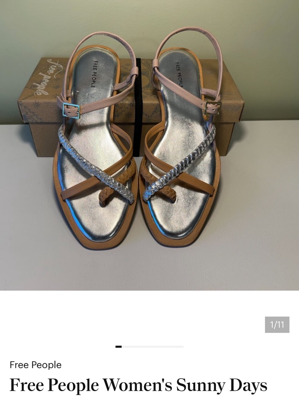 Free People Braided Metallic Silver & Beige Strappy Sandals